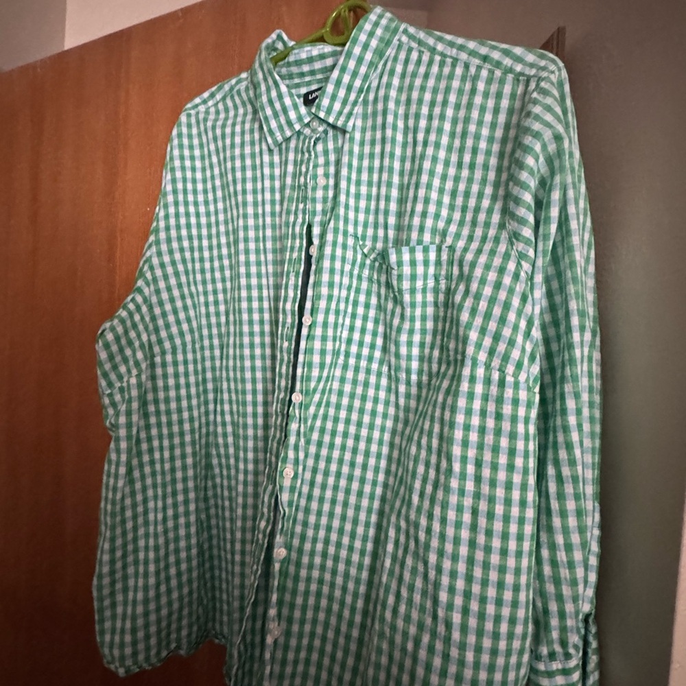 Lands' End Green and White Gingham Button-Down Shirt